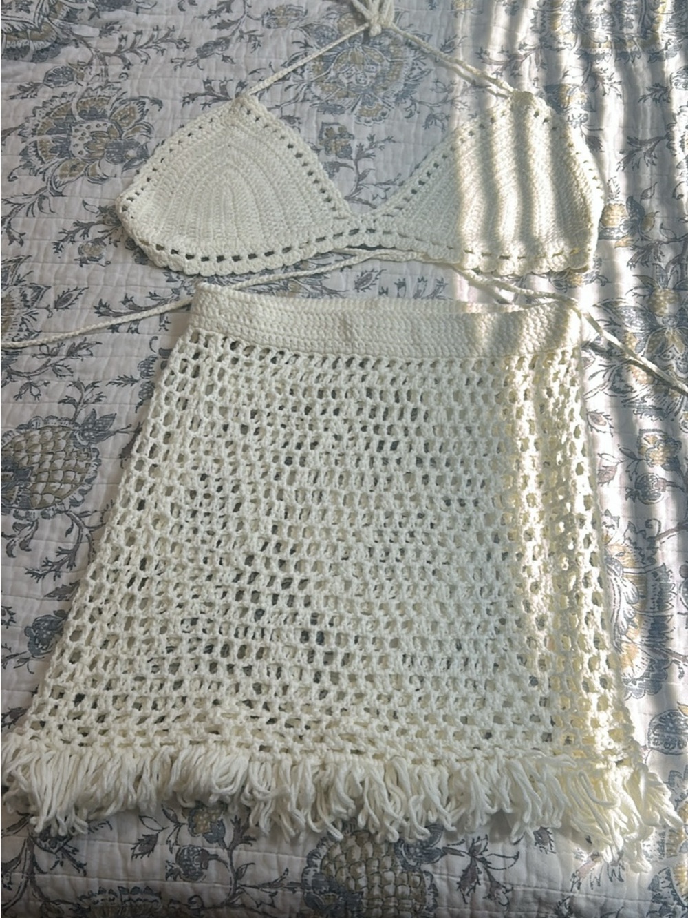 Handmade Crochet Bikini Top and Skirt Set - Cream